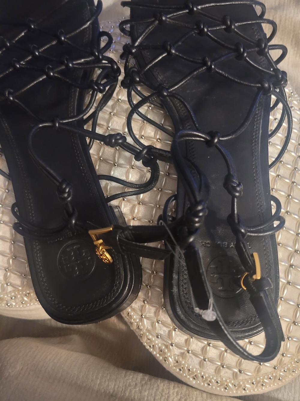 Tory Burch Black Gladiator Sandals with Gold Hardware